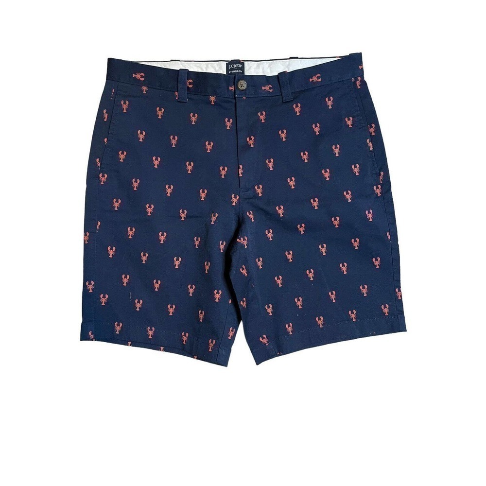 J. Crew Men’s Navy Blue Shorts Red Crab Pattern Size 33 Nautical 9 Inch Inseam